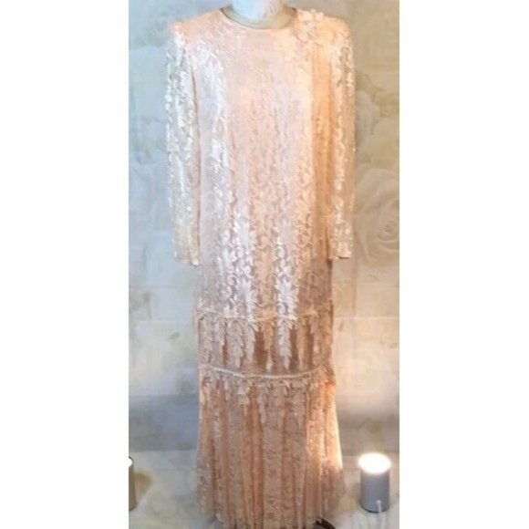 Jill Robbins Formal Maxi Dress Peach Lace Overlay Tiered Long Sleeve Medium - Picture 1 of 8